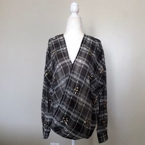 JOA Los Angeles plaid embellished long sleeve top
